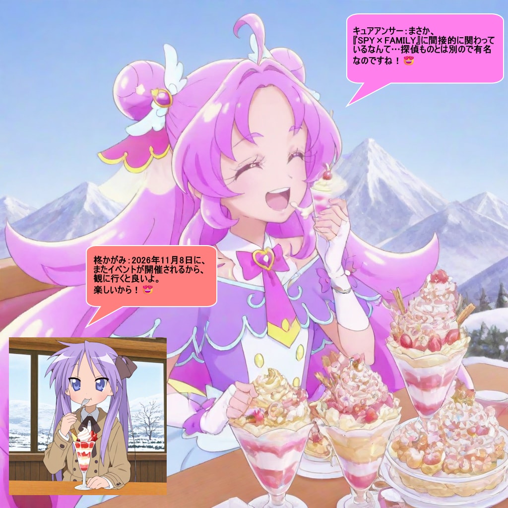 キュアアンサーと柊かがみ、パフェを食べながら会話する