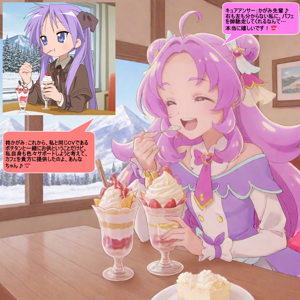 キュアアンサーと柊かがみ、パフェを食べながら会話する | の人気AIイラスト・グラビア
