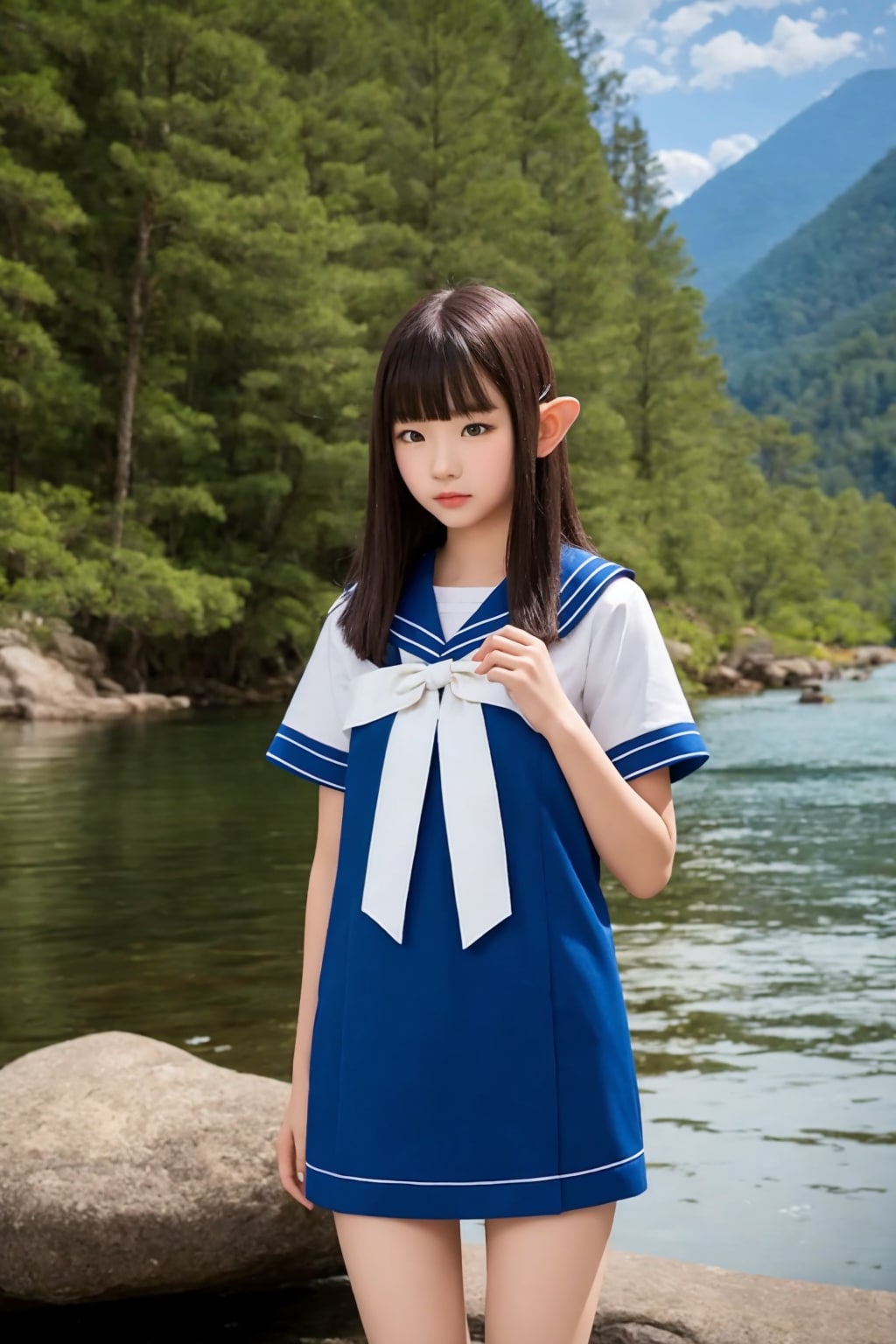 山奥の河原の黒髪エルフ | の人気AIイラスト・グラビア