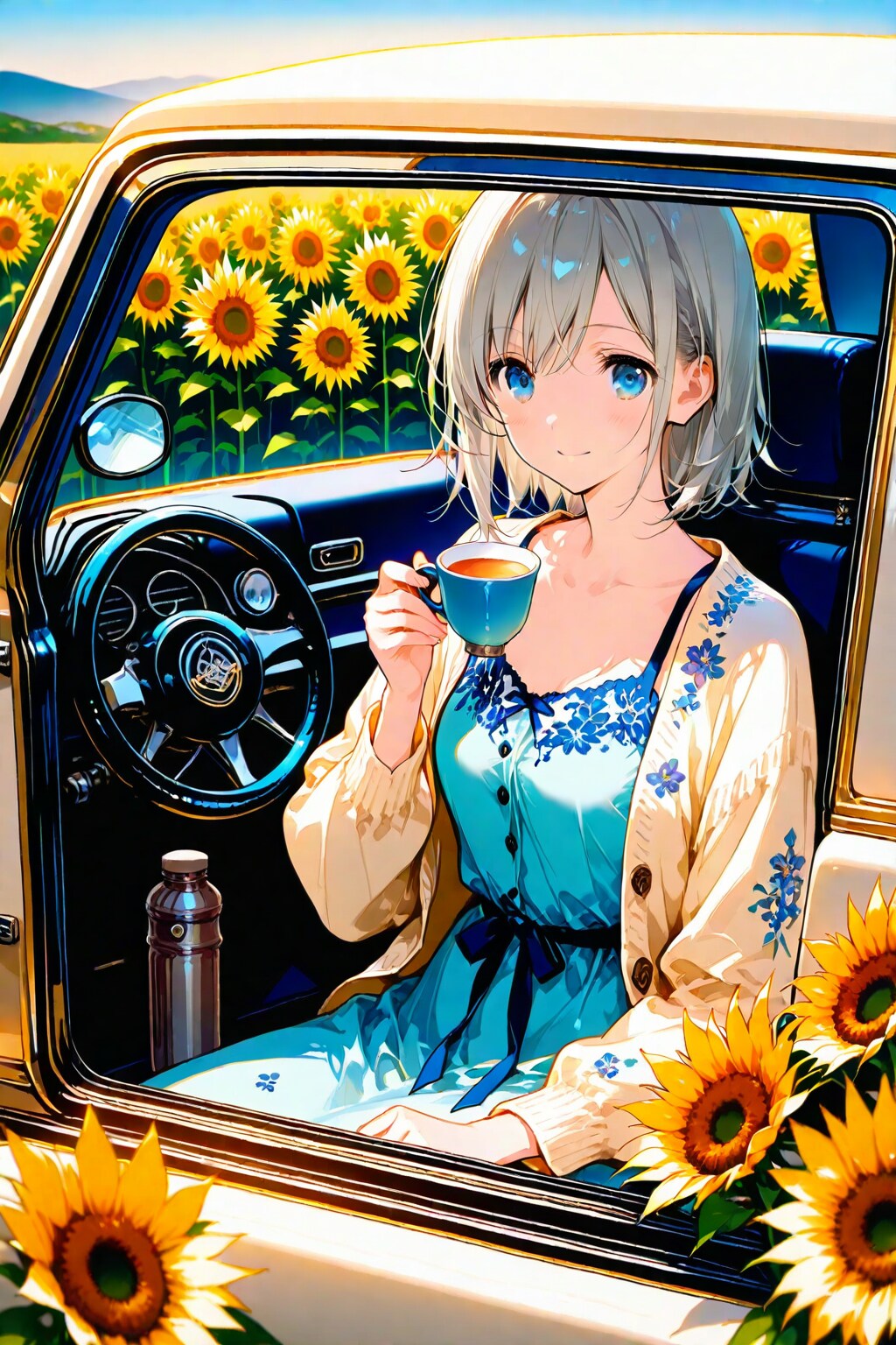 風を受けて、道の途中で