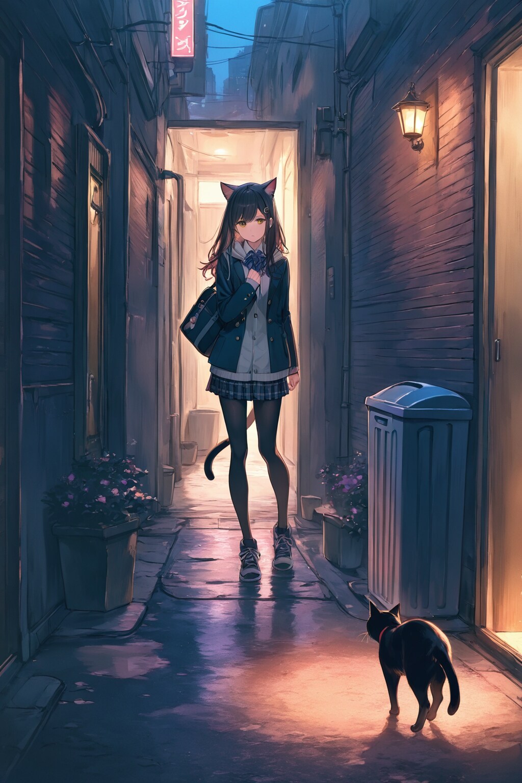 路地裏の猫耳娘と黒猫