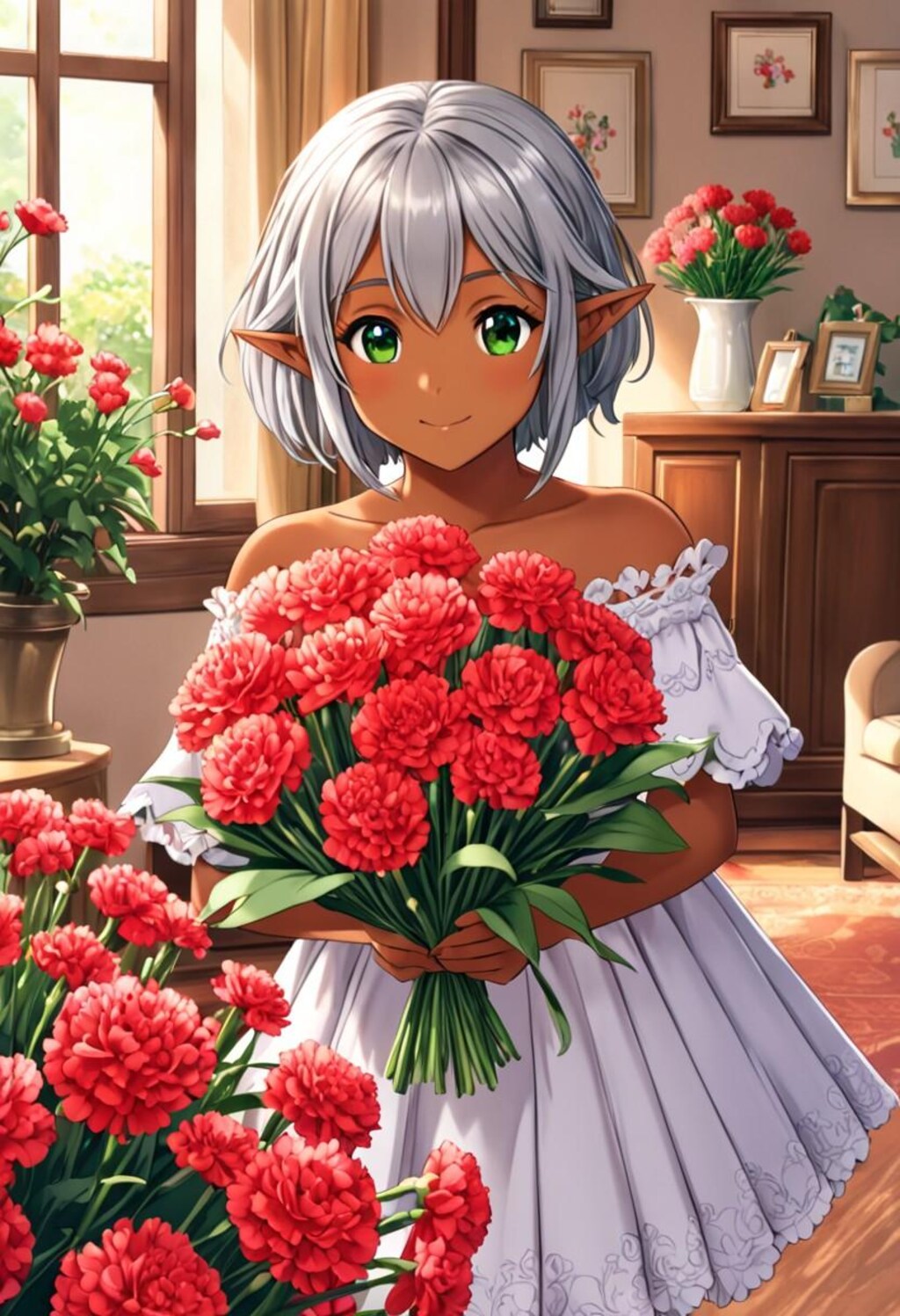 母の日にカーネーションを送るダークエルフちゃん