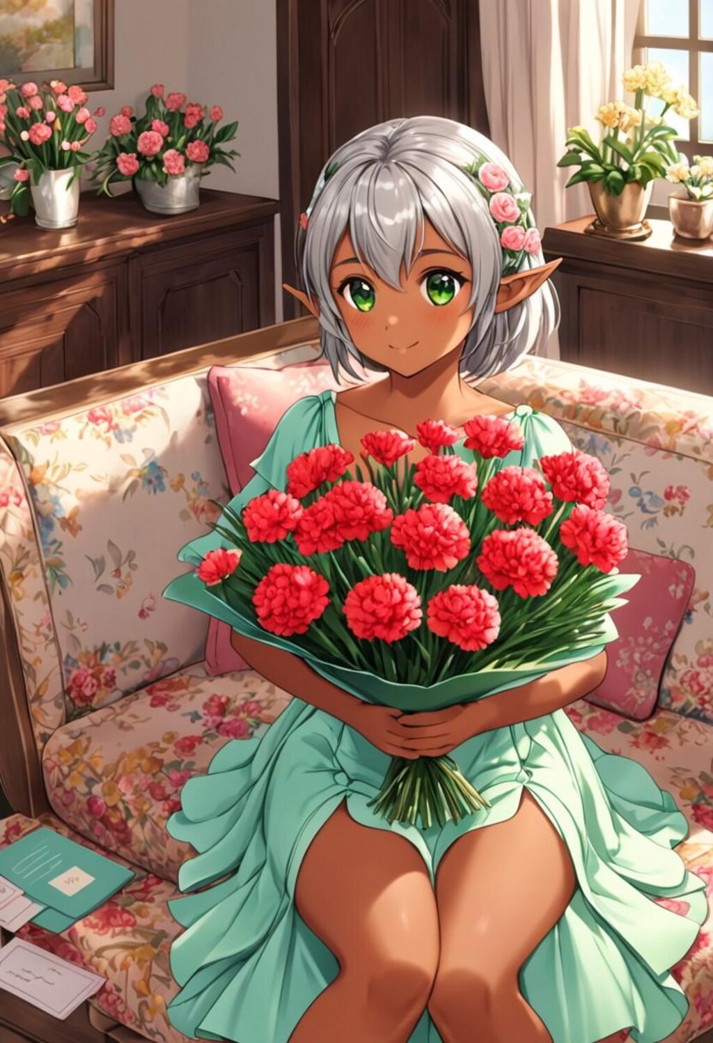 母の日にカーネーションを送るダークエルフちゃん