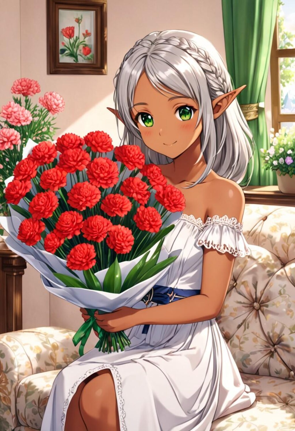 母の日にカーネーションを送るダークエルフちゃん
