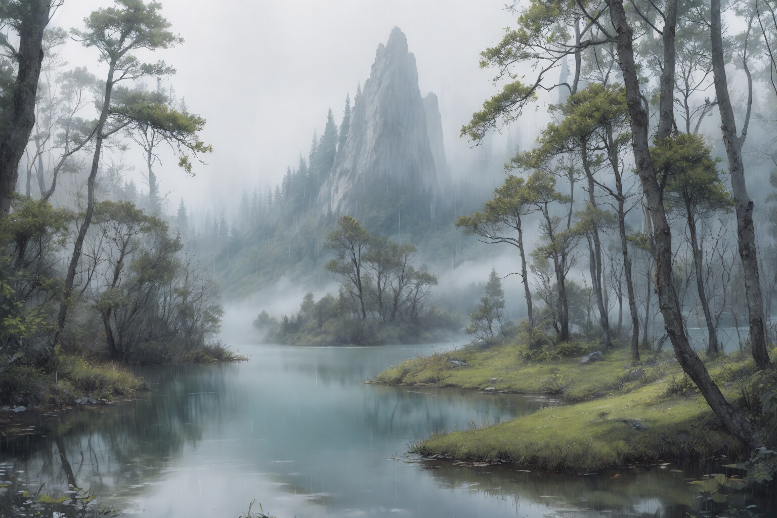 静かな湖畔の森の風景