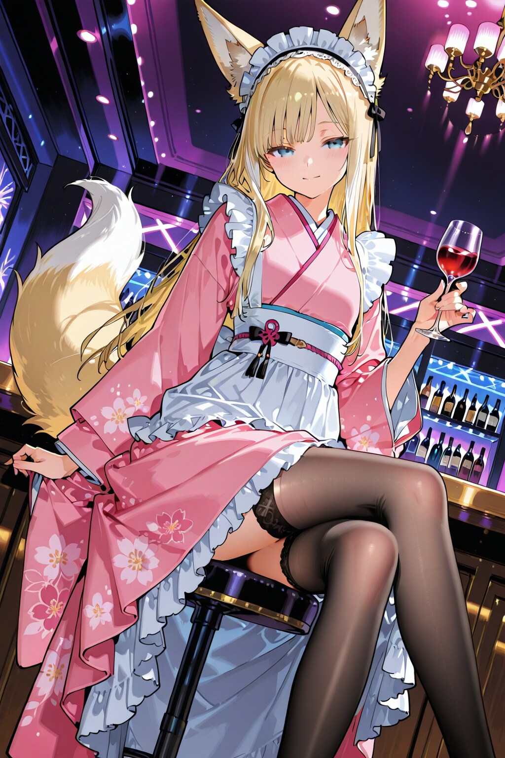 バーの狐耳和服メイド