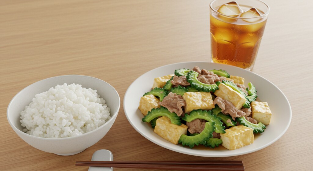 摩訶不思議食堂のゴーヤチャンプルーと米飯