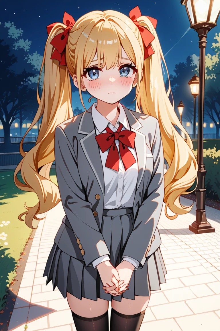 夜の公園で両手ぎゅっ♡ 金髪ツインテ制服莉奈の照れ顔がかわいい…🌙 | の人気AIイラスト・グラビア