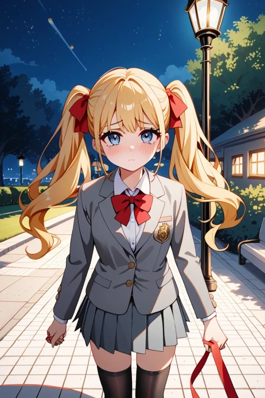 夜の公園で両手ぎゅっ♡ 金髪ツインテ制服莉奈の照れ顔がかわいい…🌙