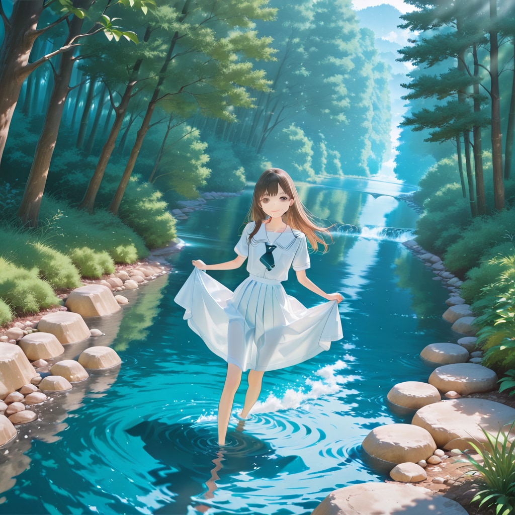 (UL生成)朝の木漏れ日 と 水遊び