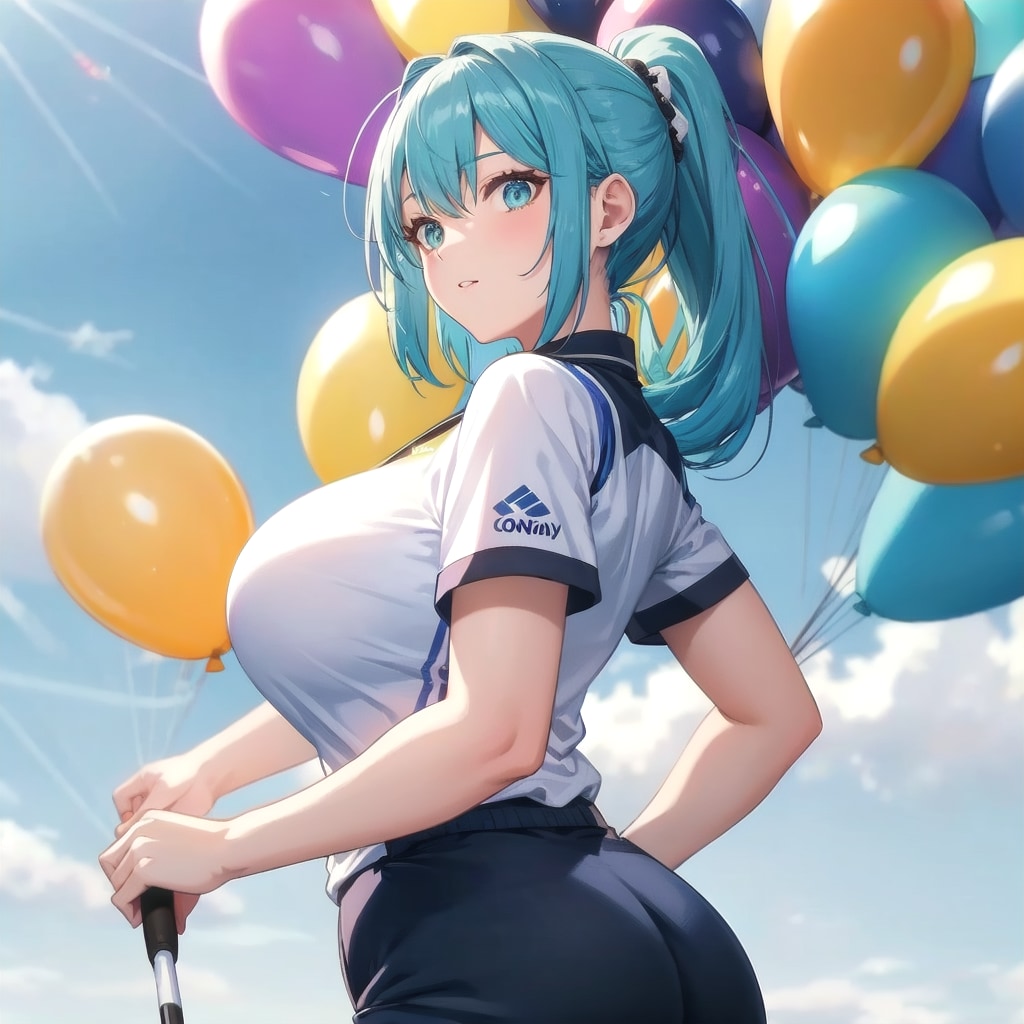 いっぱい色とりどりの風船を持つ水色髪ポニーテールのゴルフウェア着た美女