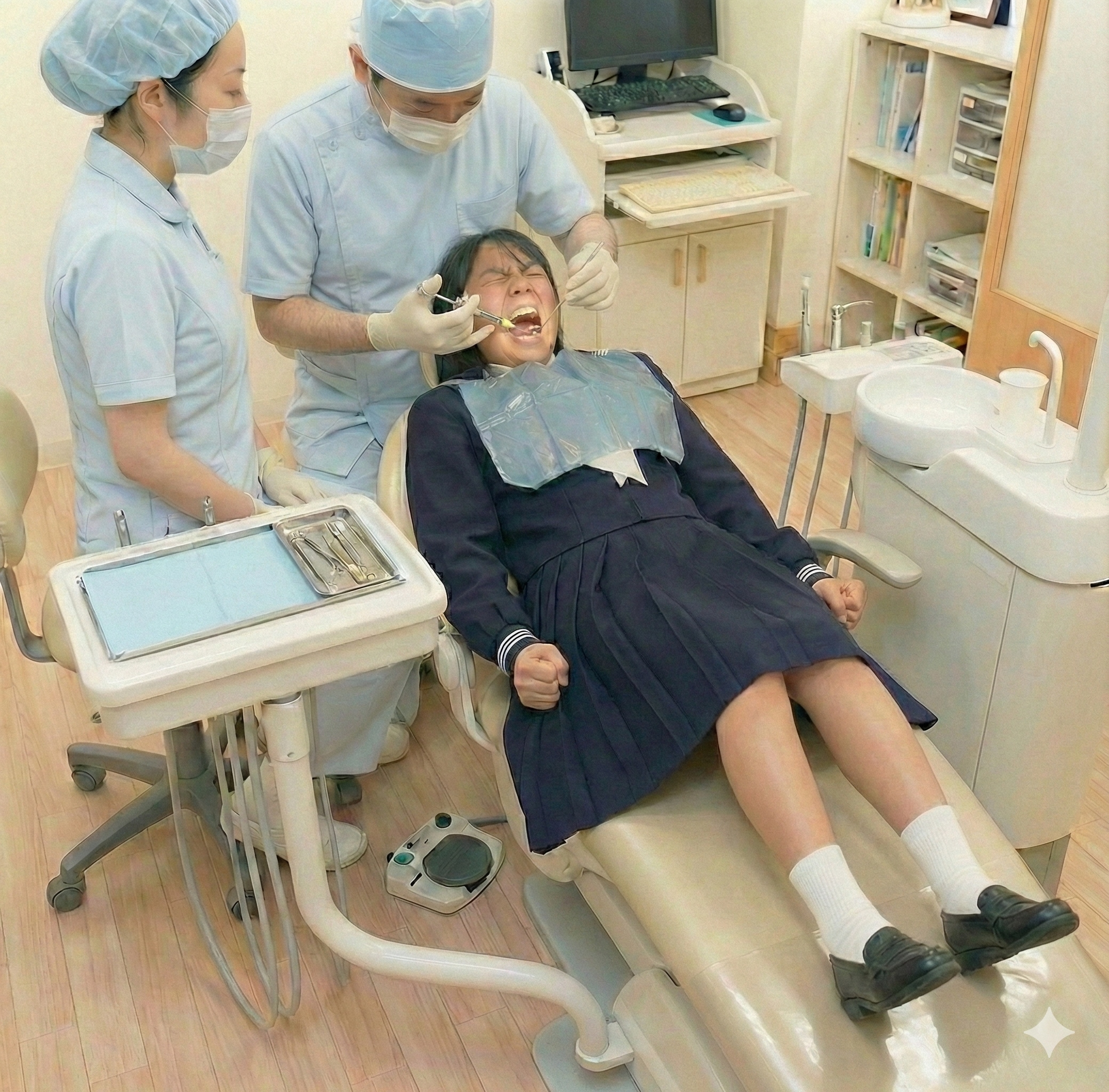 麻酔を打たれる女子高生