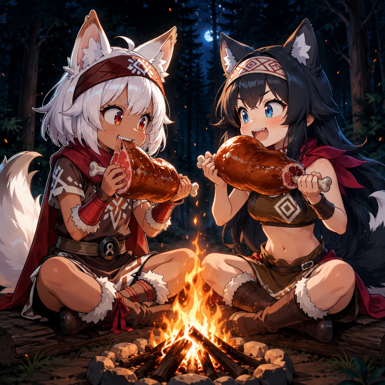 おおかみみみみんぞくちゃんとお肉を食べるナルヨちゃん