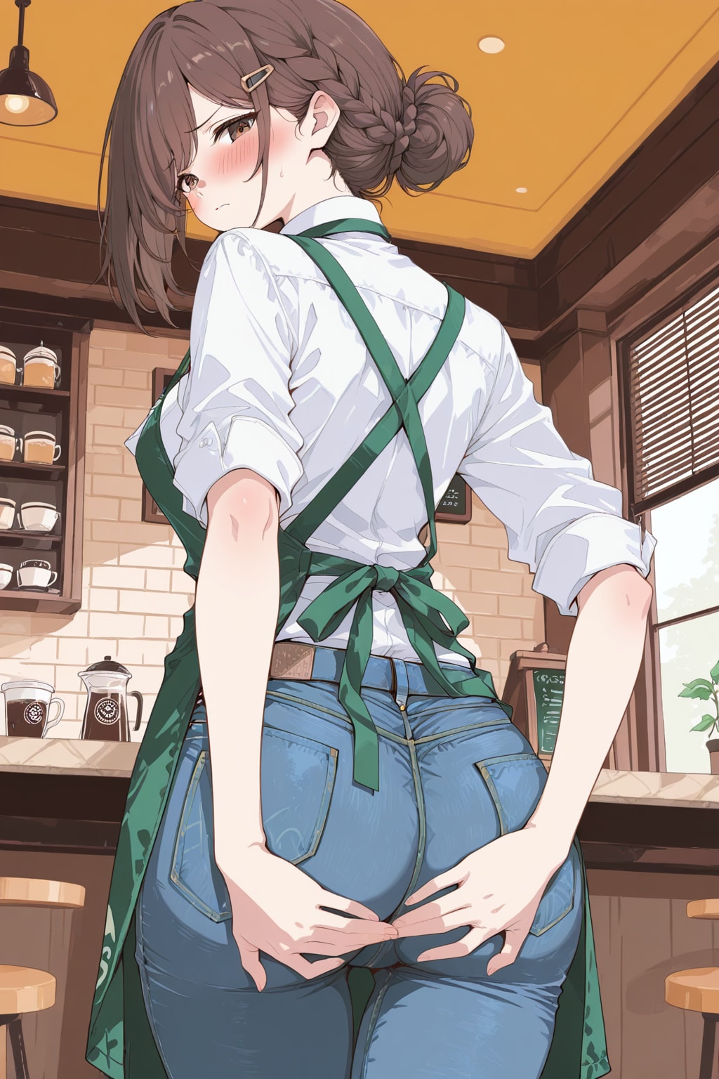 もうっ！店長ったら、また私のお尻ばっかり見て。真面目に働いてください！ | の人気AIイラスト・グラビア
