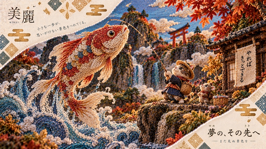 Little Adventurer and the Embroidered Koi  Crafted entirely in a rich, textured embroidery style, a