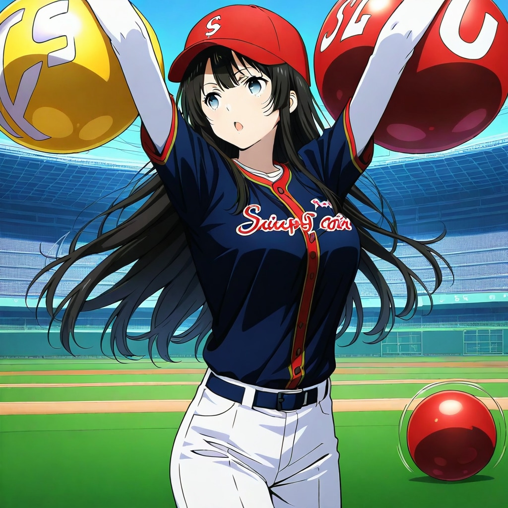 スタジアムで巨大風船を膨らませて遊ぶ野球ユニフォームの美女