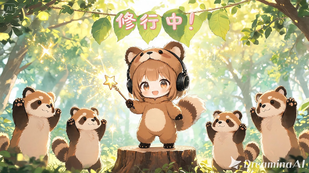 ヘッドフォンを付けたタヌキ娘が変身の練習💦２