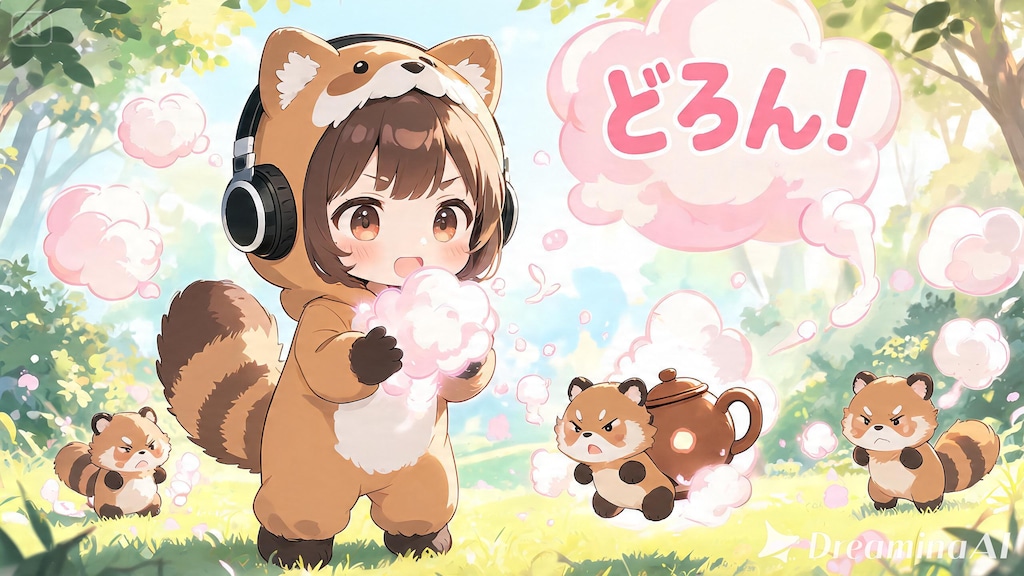 ヘッドフォンを付けたタヌキ娘が変身の練習💦２