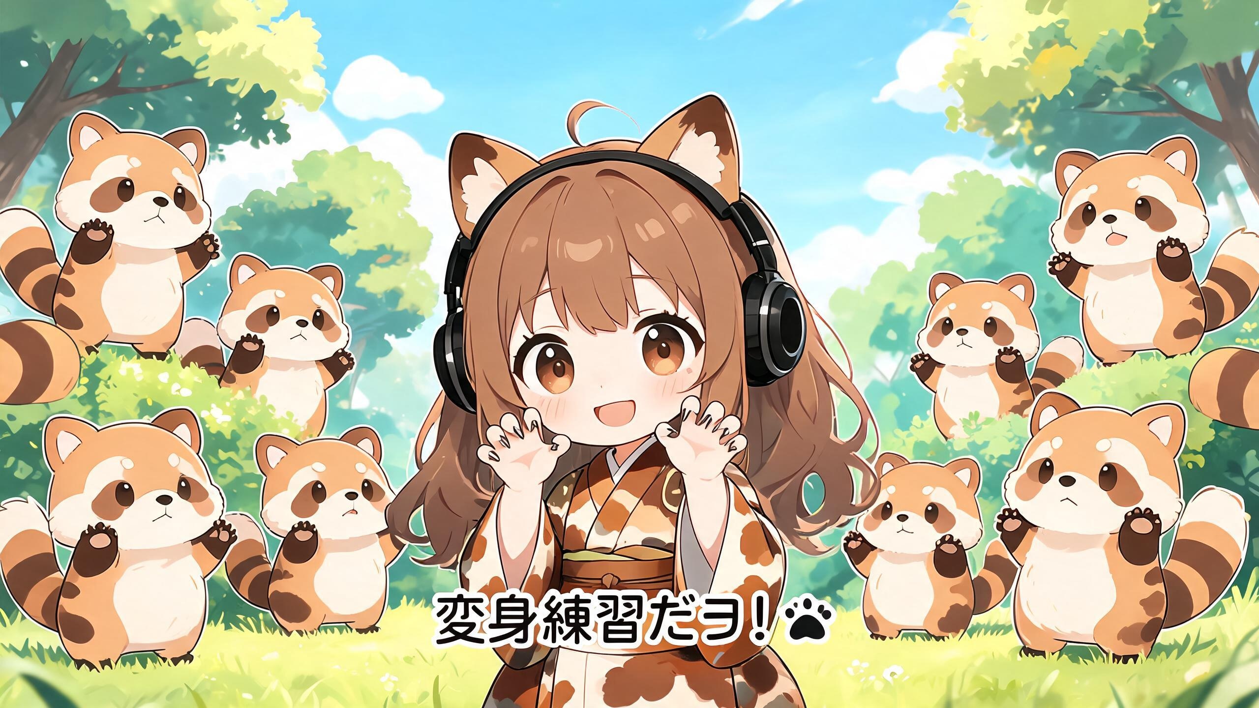 ヘッドフォンを付けたタヌキ娘が変身の練習💦２