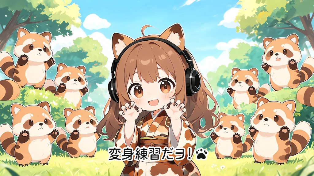 ヘッドフォンを付けたタヌキ娘が変身の練習💦２