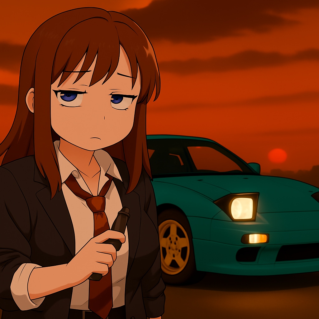 180SXと微妙な顔をする茶髪の少女