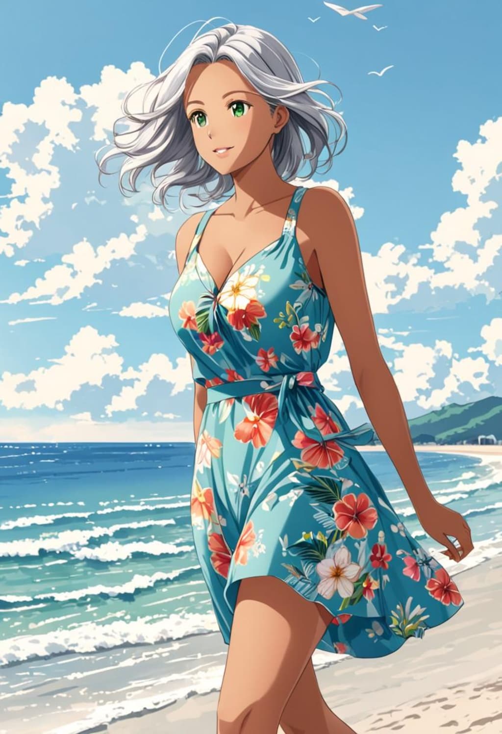 浜辺を散歩する褐色お姉さん