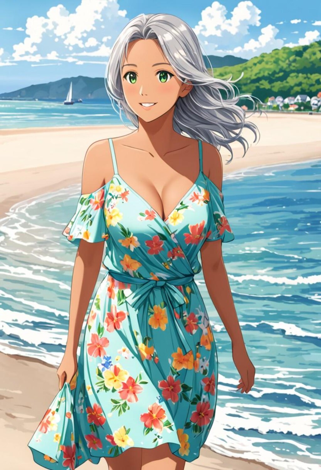 浜辺を散歩する褐色お姉さん