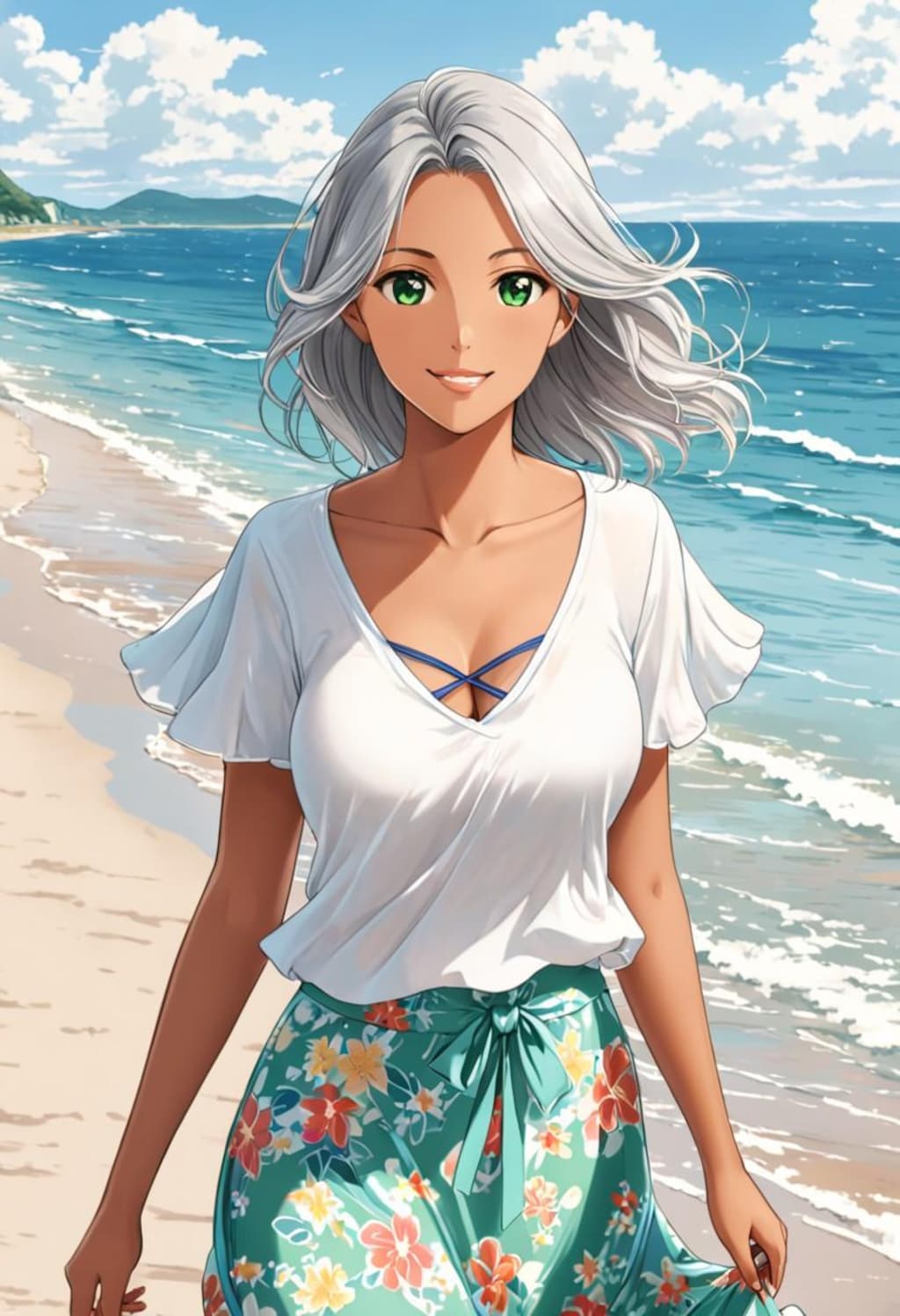 浜辺を散歩する褐色お姉さん