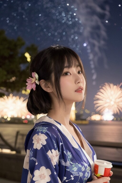 浴衣と花火と星空と女性と