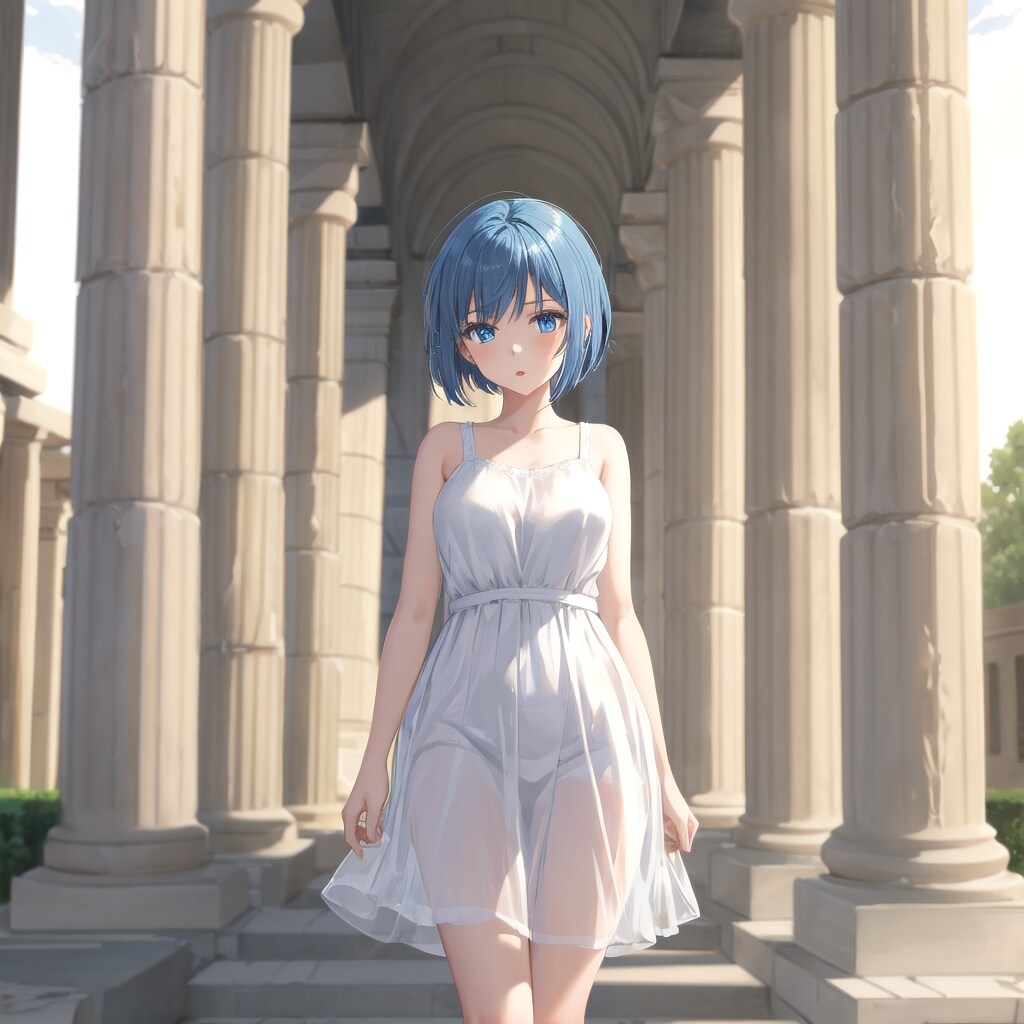 神殿に佇む青髪の来訪者