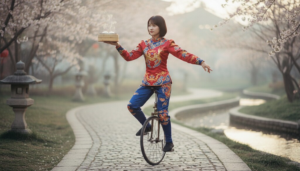 中国雑技団風に一輪車