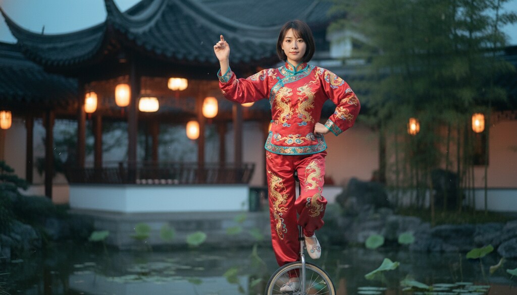 中国雑技団風に一輪車