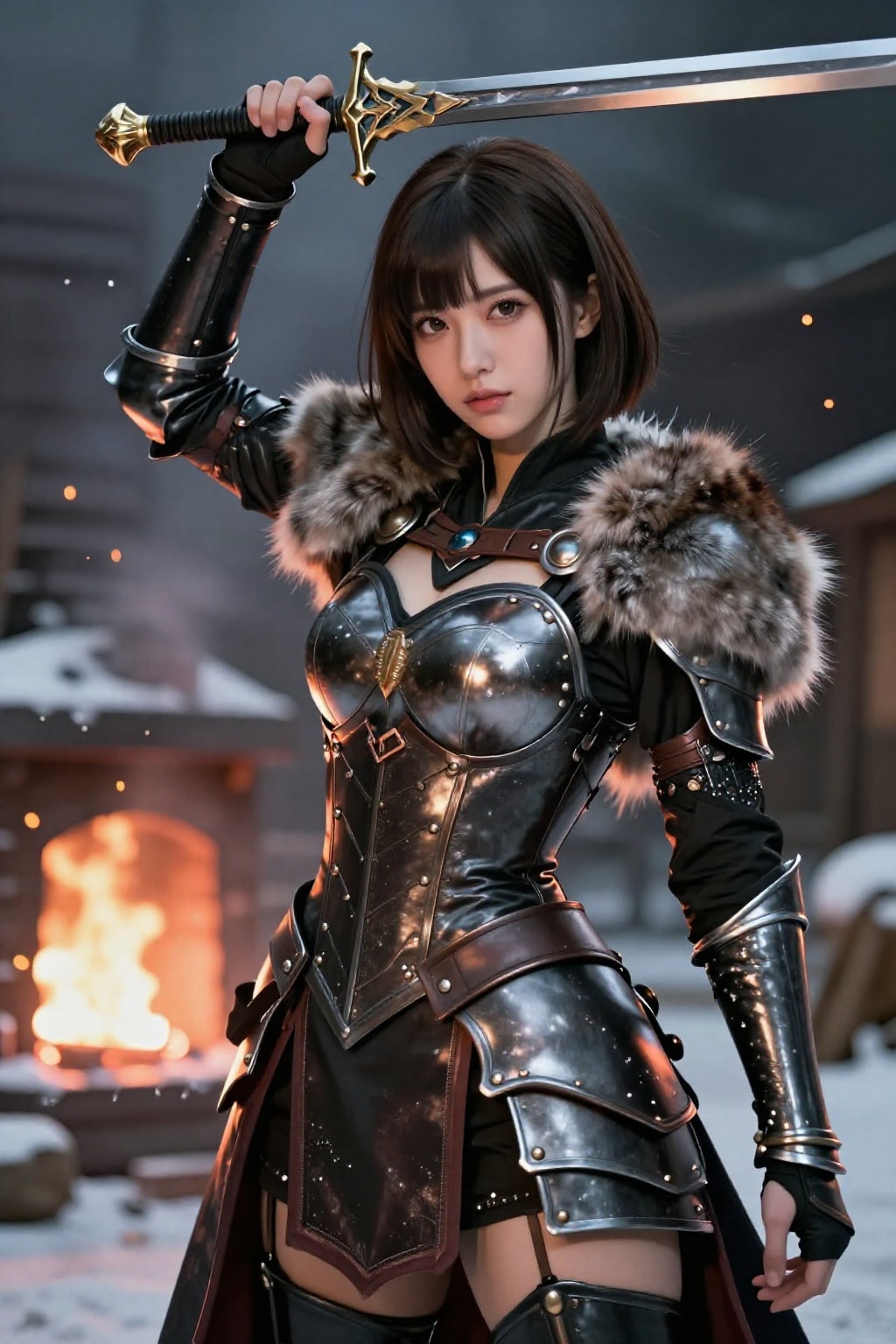 雪降る鍛冶場で剣を鍛える黒革の戦乙女