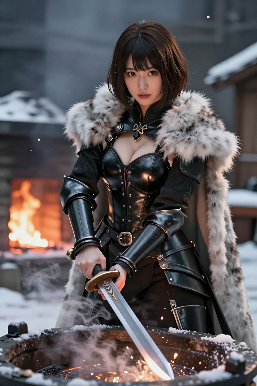 雪降る鍛冶場で剣を鍛える黒革の戦乙女