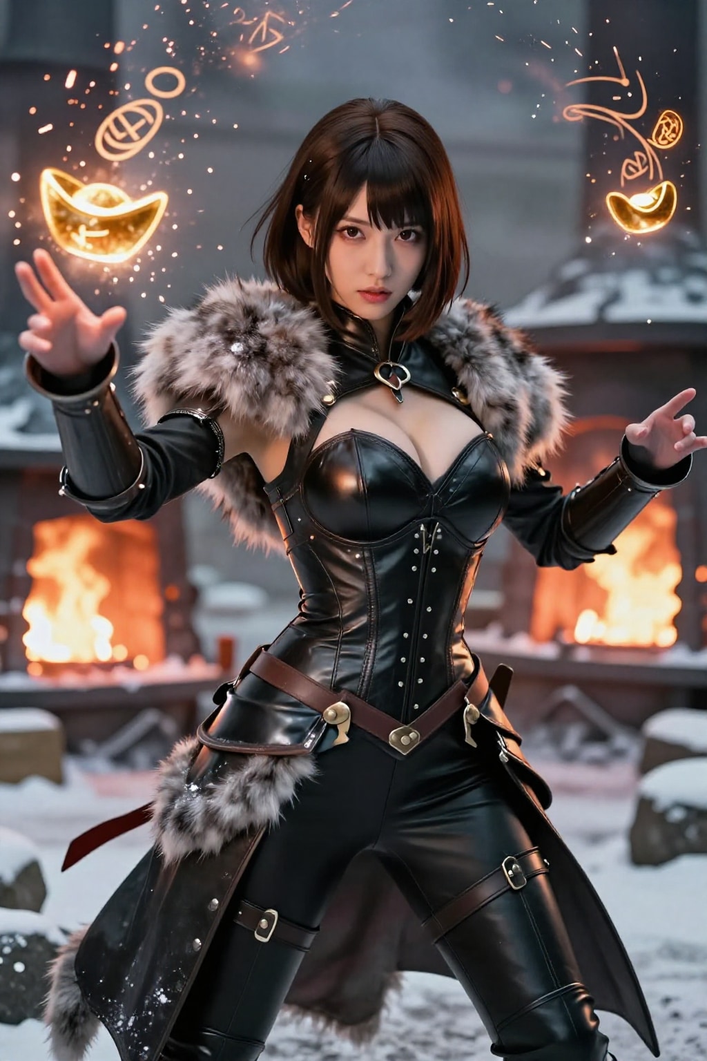 雪降る鍛冶場で剣を鍛える黒革の戦乙女