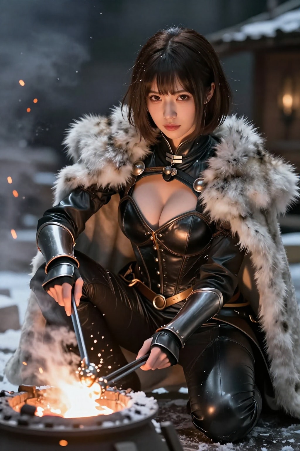 雪降る鍛冶場で剣を鍛える黒革の戦乙女 | の人気AIイラスト・グラビア