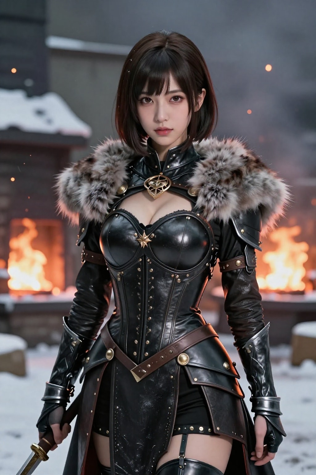 雪降る鍛冶場で剣を鍛える黒革の戦乙女