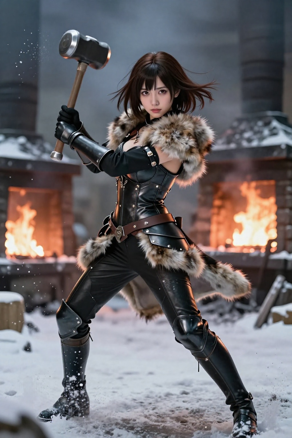 雪降る鍛冶場で剣を鍛える黒革の戦乙女