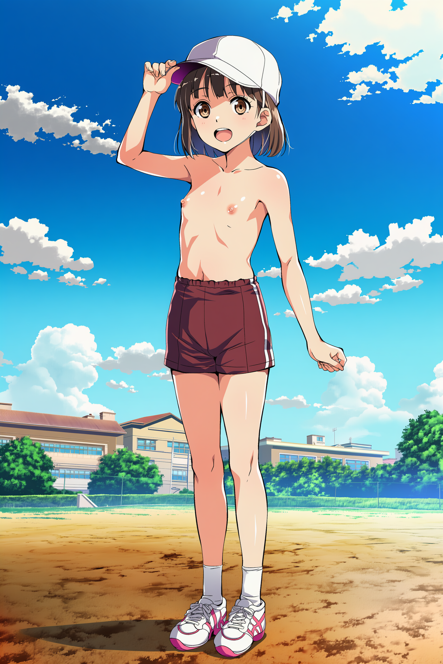 上半身裸+体操着の短パン+赤白帽