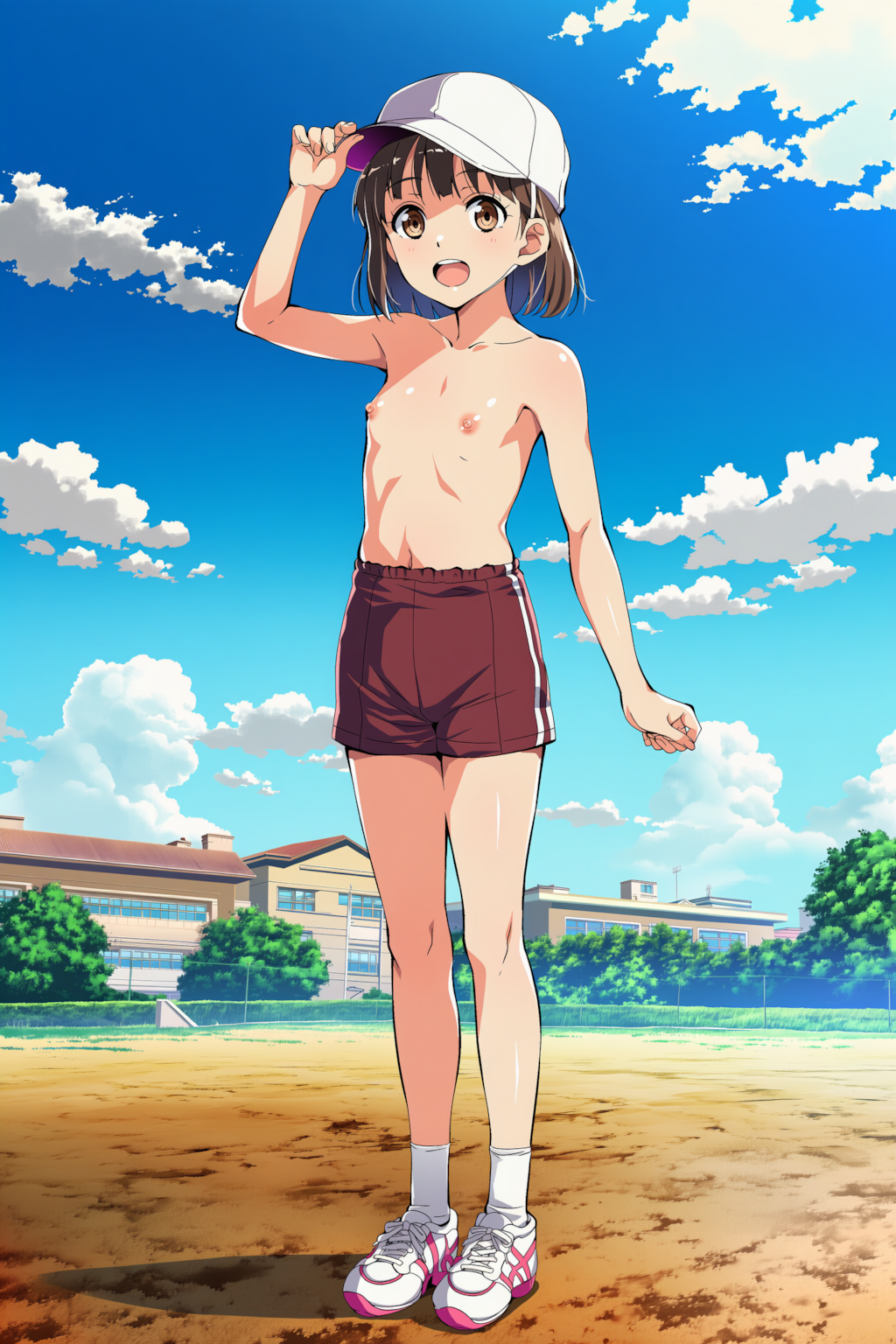 上半身裸+体操着の短パン+赤白帽