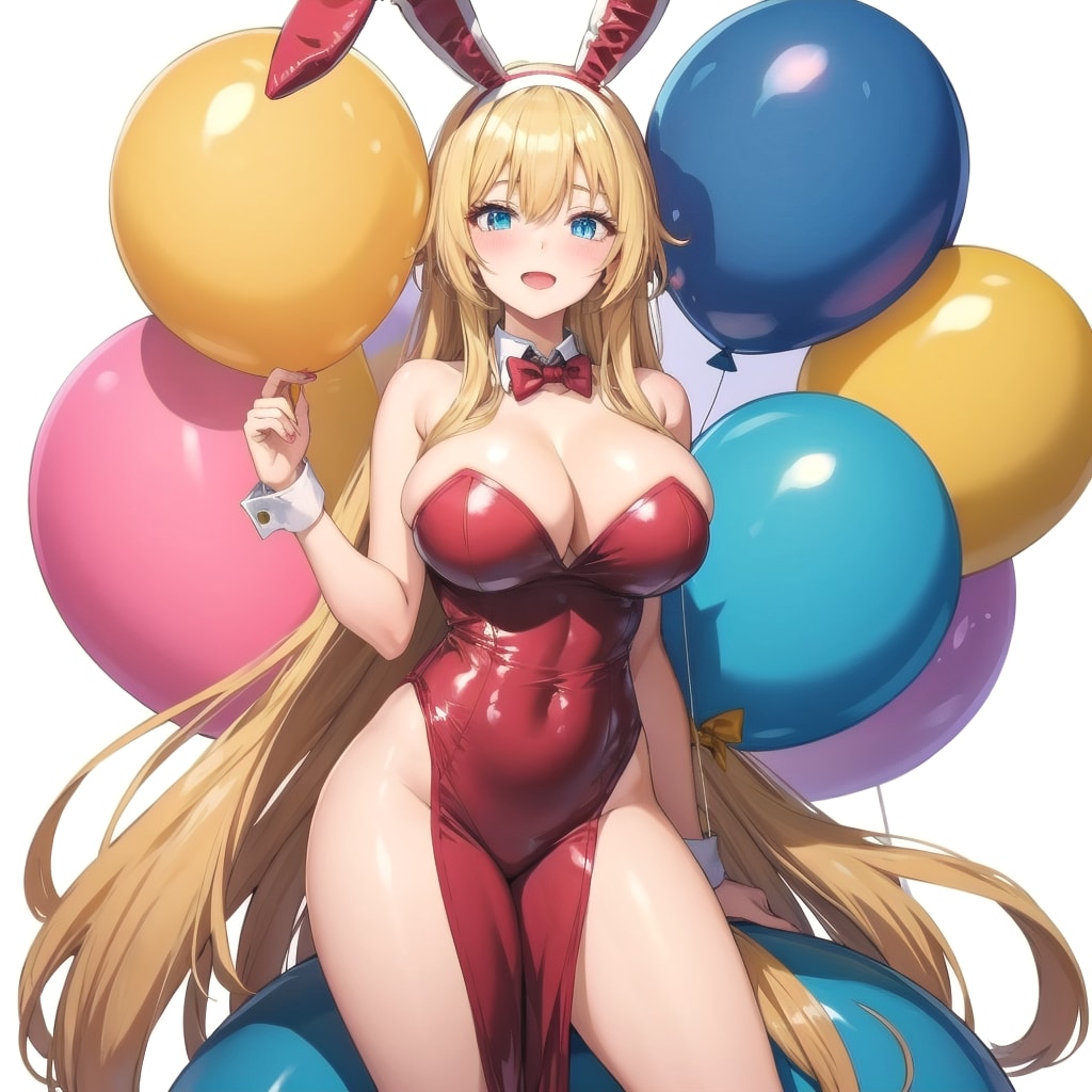 いっぱい色とりどりの風船を持つブロンドロングのバニーガール衣装着た美女