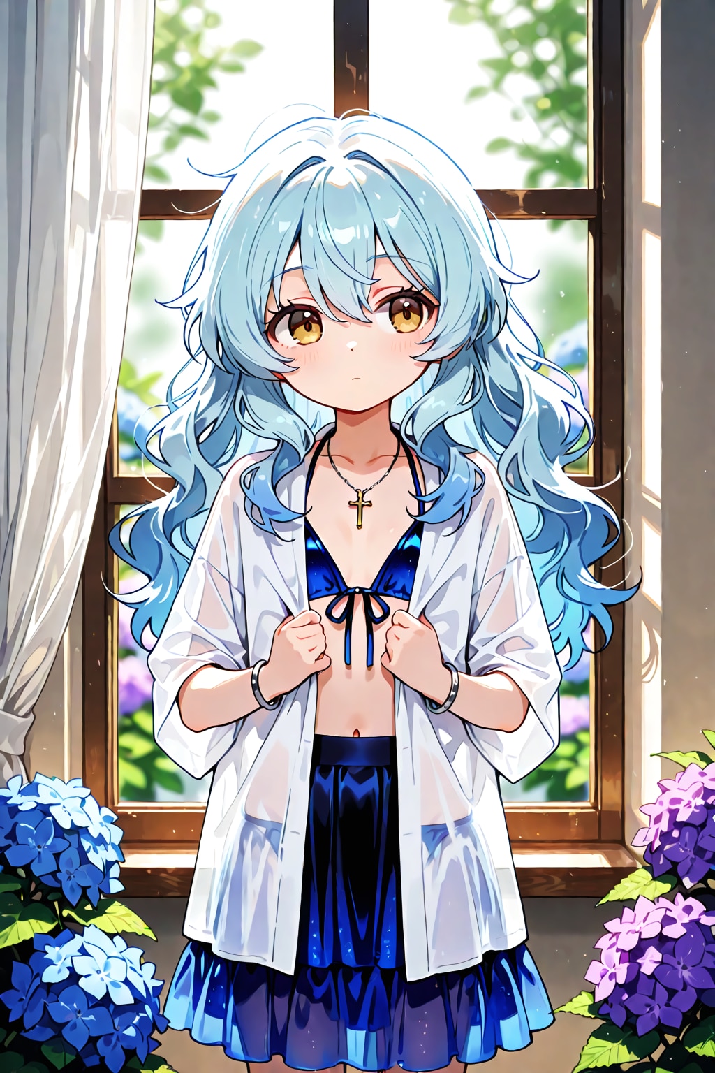 紫陽花と妹の水着