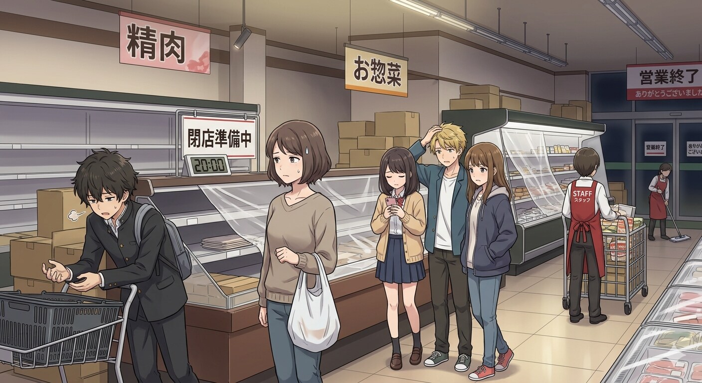 割引シールを貼られるのを待ってたら閉店準備に