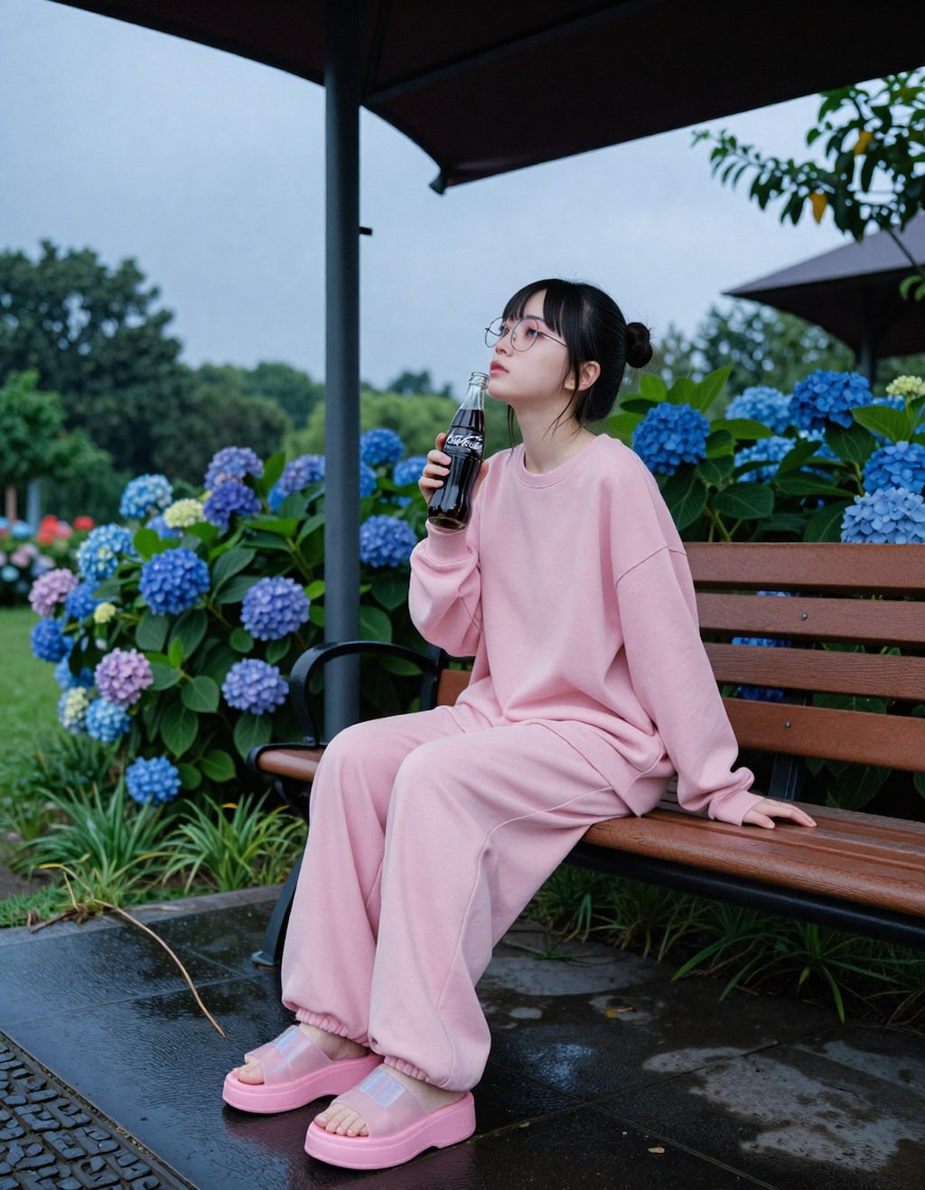 コーラ片手に雨の紫陽花で佇んでいる子