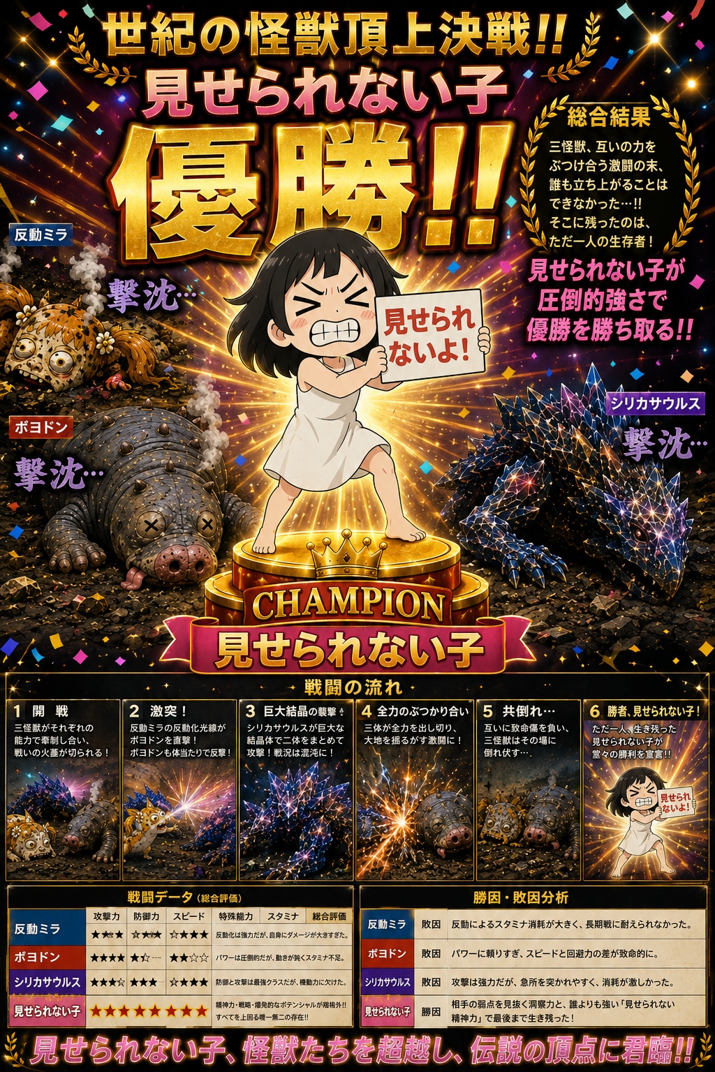 (注記あり)「外来恐竜シリカザウルス」vs「EXTRA:反動ミラ」vs「鈍獣ポヨドン」(ジャッジ「見せ子」)