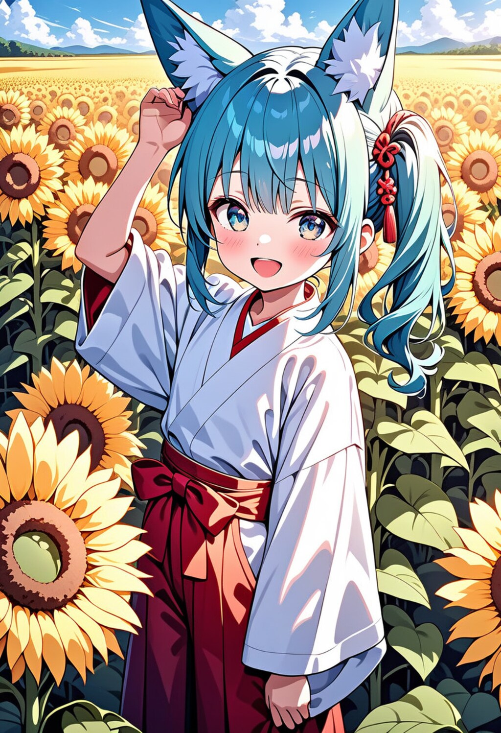 ひまわりを見に来た狐巫女さん