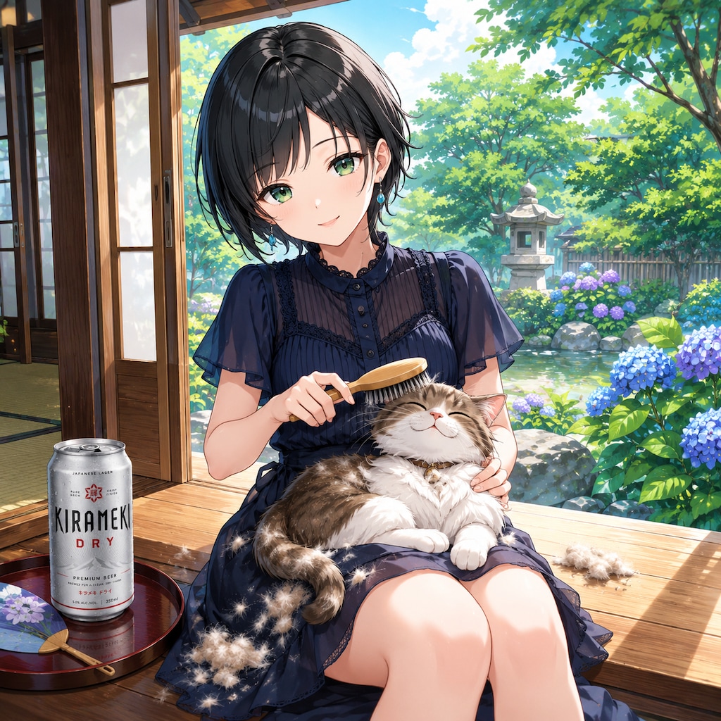 猫のブラッシングをする藍音ちゃん
