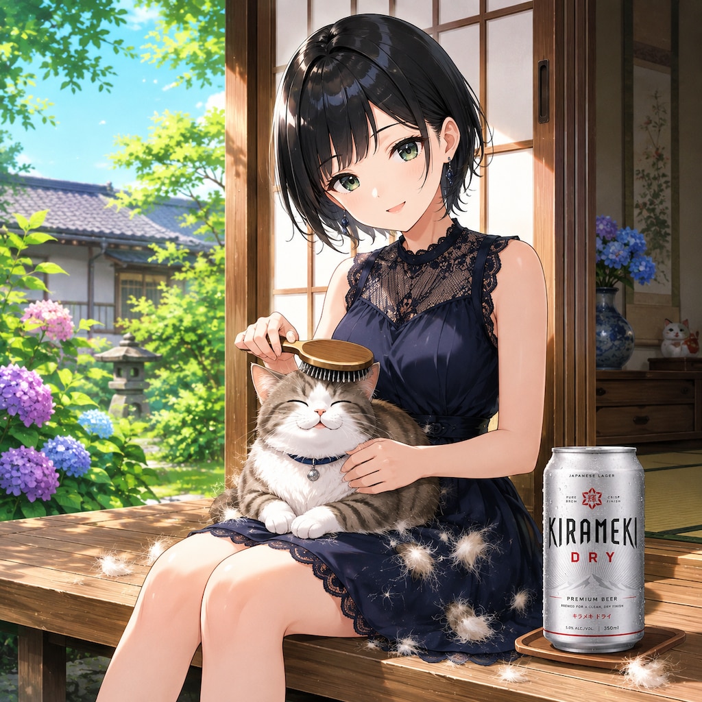 猫のブラッシングをする藍音ちゃん