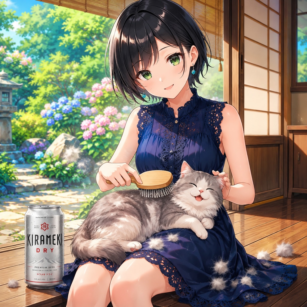 猫のブラッシングをする藍音ちゃん