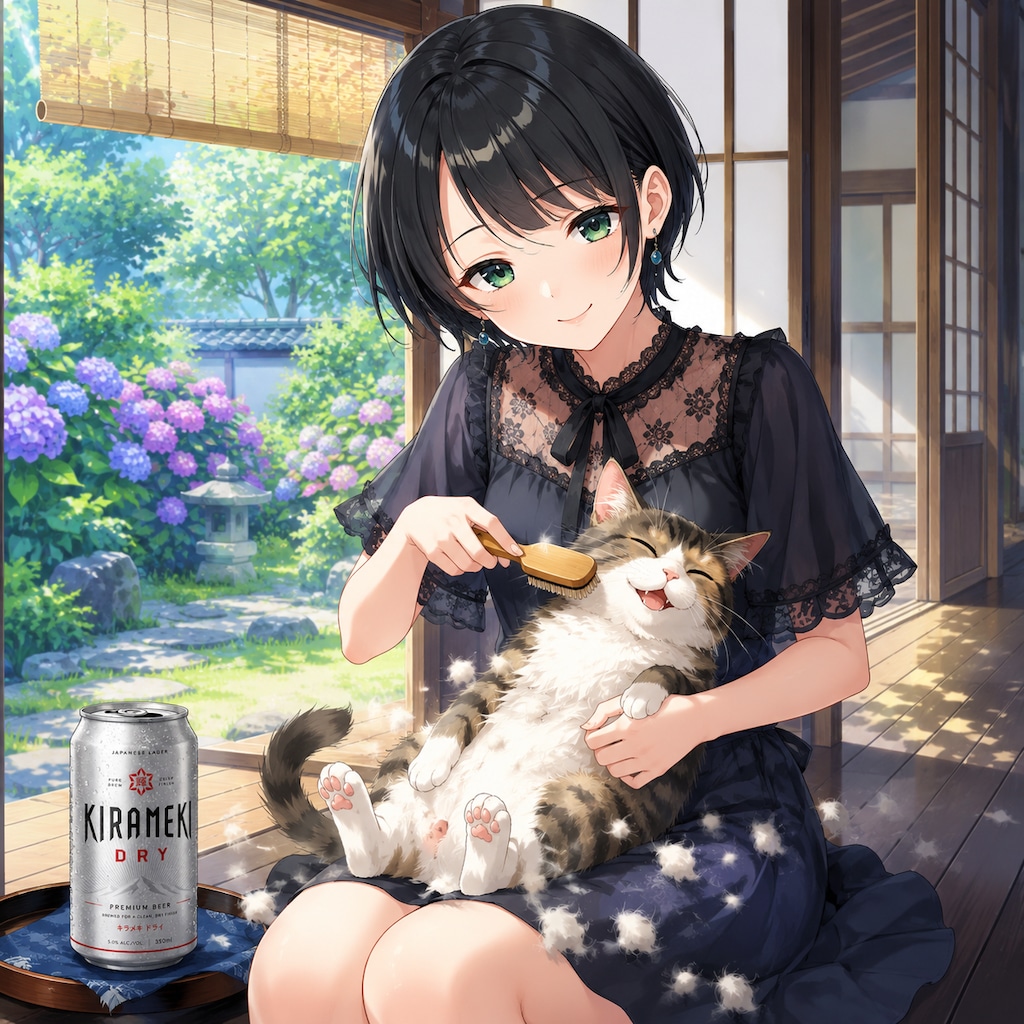 猫のブラッシングをする藍音ちゃん